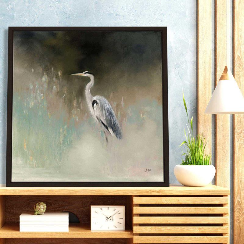 Paix aigrette sarcelle par Julia Purinton - Peinture, L 27,5 po x H 27,5 po, Encadrement brun