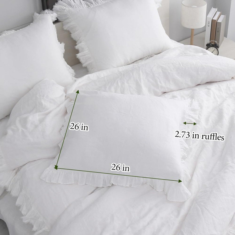 100% Linen Euro Sham Covers With Ruffle, 2Pcs Pillow Covers 26X26 Inches, White