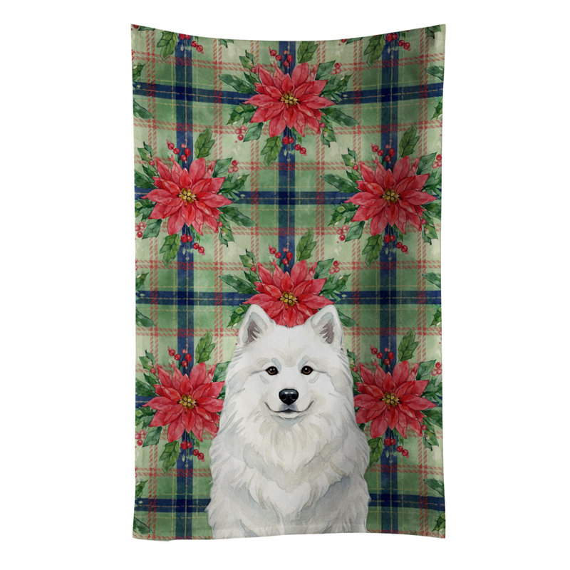 White Samoyed Christmas PoinsettIas Kitchen Towel, White Samoyed