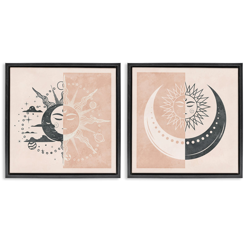  «Boho Two Tone Moon Sun», ensemble de 2 toiles flottantes encadrées par Nina Blue, H 18 po x l 18 po