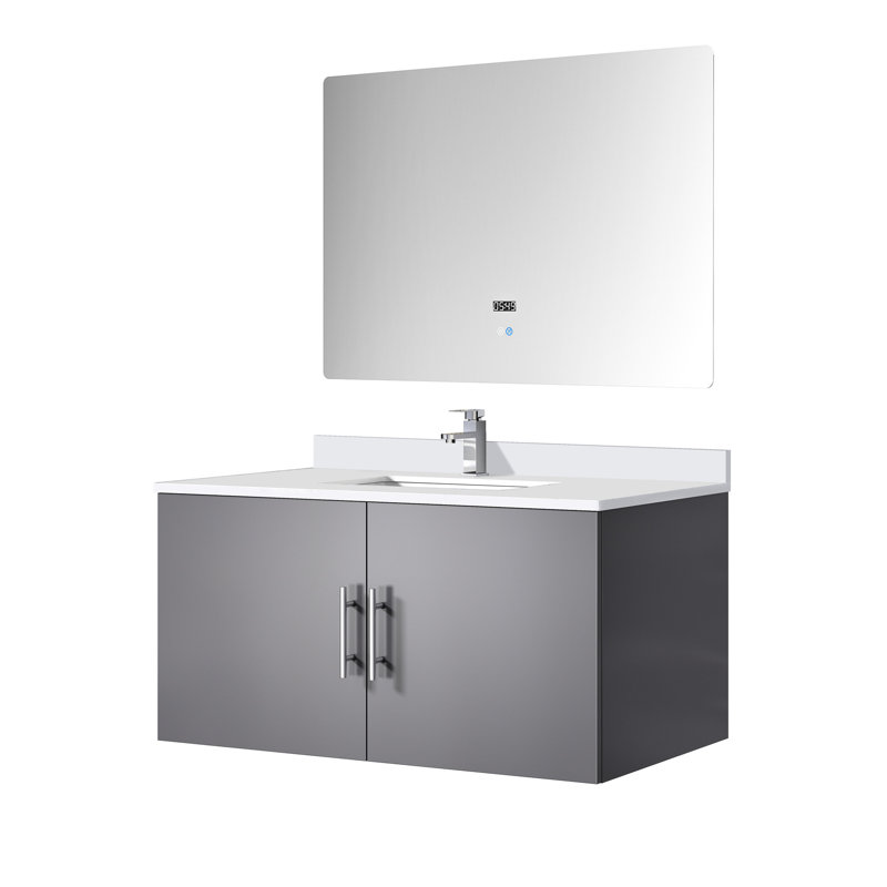 36 po L x P 22 po. Meuble-lavabo gris foncé, comptoir en quartz blanc, robinet, miroir à DEL - durable et à gratter - meuble-lavabo, surface, finition