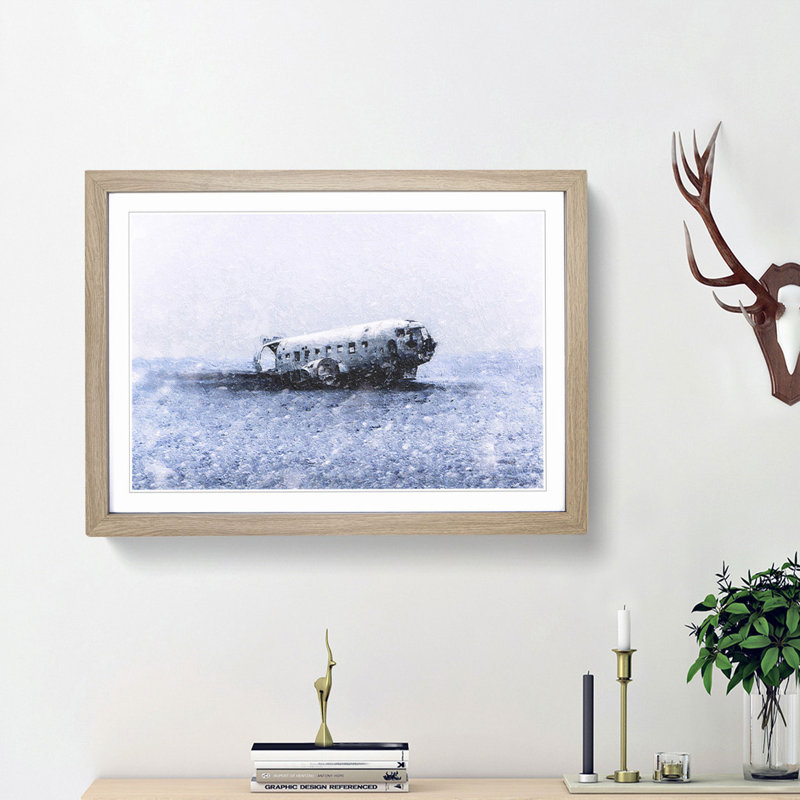 The Solheimasandur Plane Wreck in Iceland - Picture Frame Painting Print, 36cm H x 48cm W x 2cm D, Oak Framed