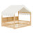 Wooden Floor Bed,House-Shaped Daybed With Fense,3 Storage Bookshelves,Curtain And LED Light-125516534