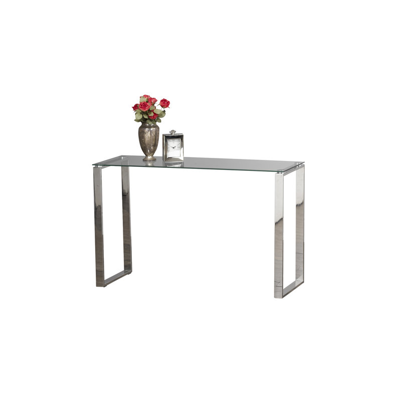 Canapé moderne en verre avec pieds en métal chromé, console contemporaine pour vestibule et salon