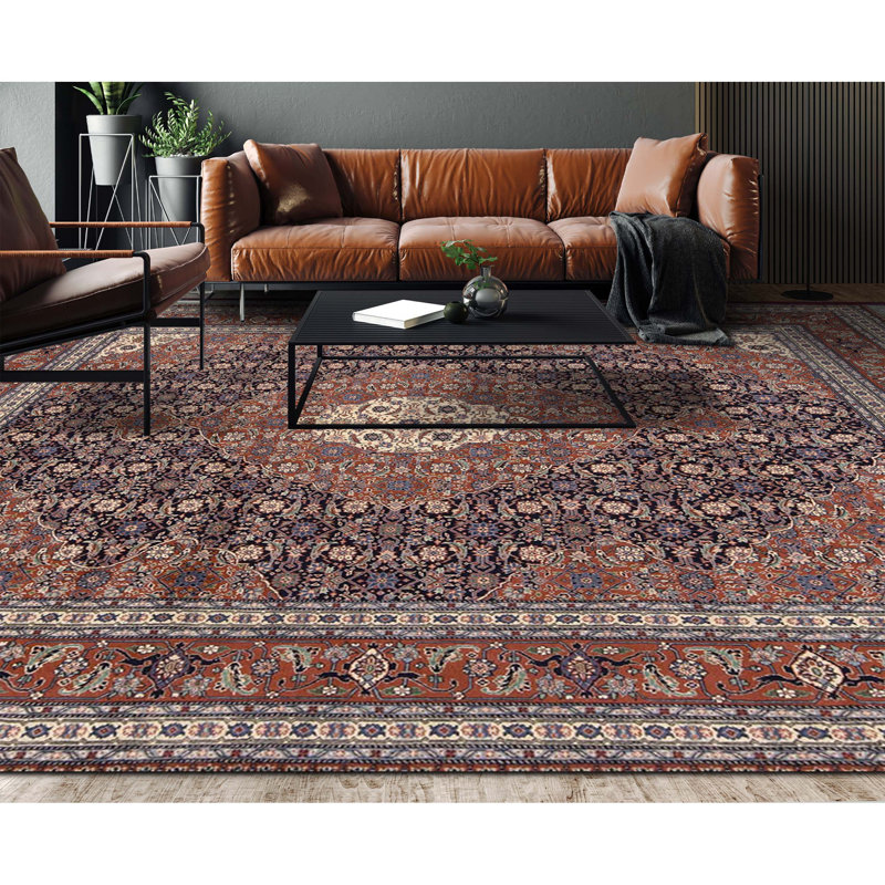 High-Quality Hand-Knotted Navy And Rust Area Rug