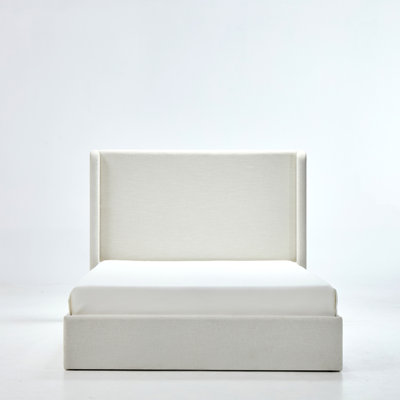 Carmen Upholstered Wingback Bed / Upholstered Platform Bed Frame / 52.3" High Headboard / Simplicity / Minimalist / No Box Spring Needed / Easy Assembly / King/ Textured Ivory Canvas Chenille/No Noise