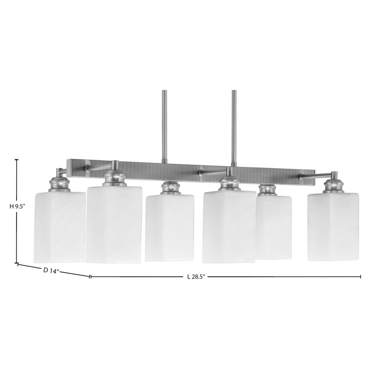 Barre d'éclairage 6 lumières Edge avec verre carré blanc 4 po, Nickel brossé, H 9,5 po x l 28,5 po x P 14 po