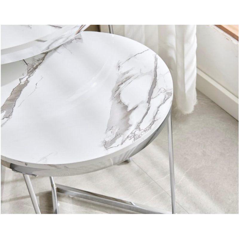 Coffee Table, Round White Marble Set of 2