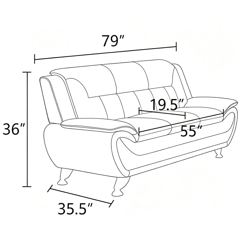 79”Modern 3 Seater Black Faux Leather Sofa