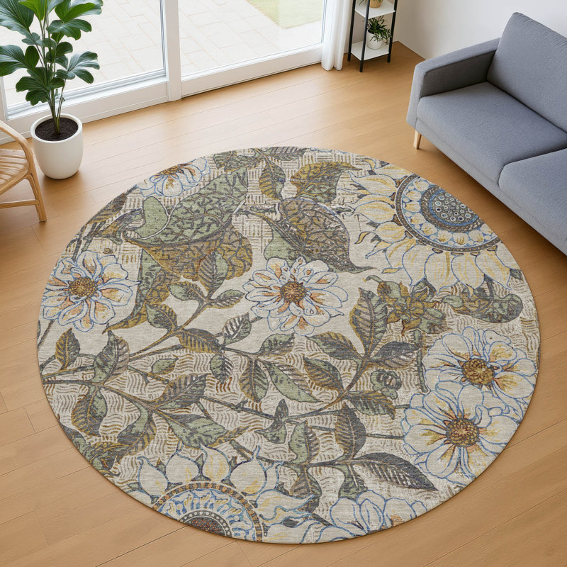 Tapis floral intérieur / extérieur lavable à la machine Chantille ACN2774, Beige, Rond 8 pi