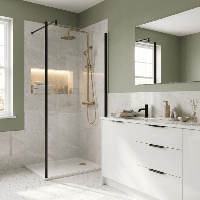 Walk In Semi-Frameless Wet Room Glass Screens, 900mm W, Matte Black