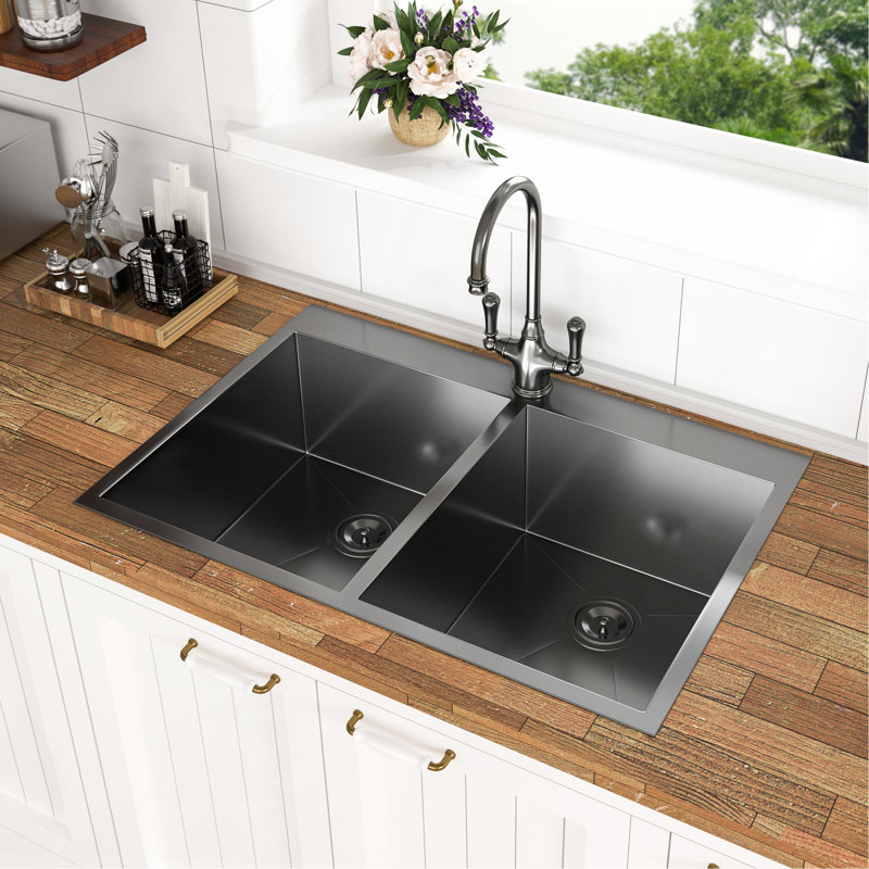 Double Bowl Drop In Sink- 33"X22" Gunmetal Black  Double Bowl Kitchen Sink 18 Gauge With Two 9" Deep Basin
