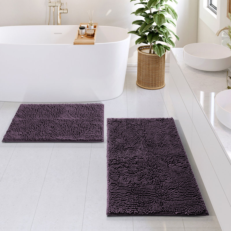 Yasmen Soft Absorbent Chenille Bath Rugs with Non-Slip Backing (Set of 2), Eggplant Purple
