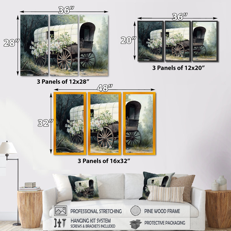 «Flower Old Cottage Caravan I», ensemble d'art mural sur toile, H 28 po x l 36 po x P 1 po, Encadrement doré