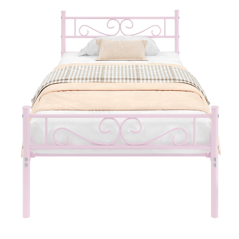 Kempst Metal Platform Bed with Headboard and Footboard, Twin, Pink