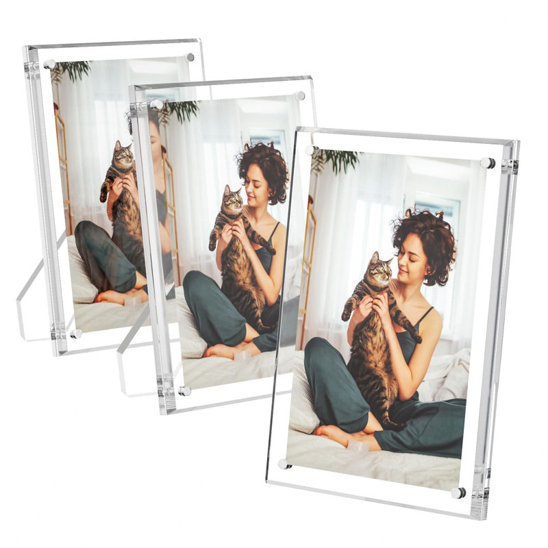 4X6 Acrylic Picture Frames 3 Pack, Clear Picture Frames With Stand, Magnetic Frame Acrylic Lucite Frameless Transparent Cubes Floating Gift For Home Office Desktop Display Horizontally