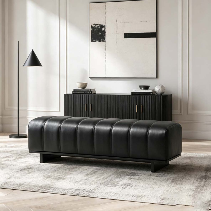 Banc de salle à manger d'intérieur avec pieds en bois d'hévéa, Black-PU