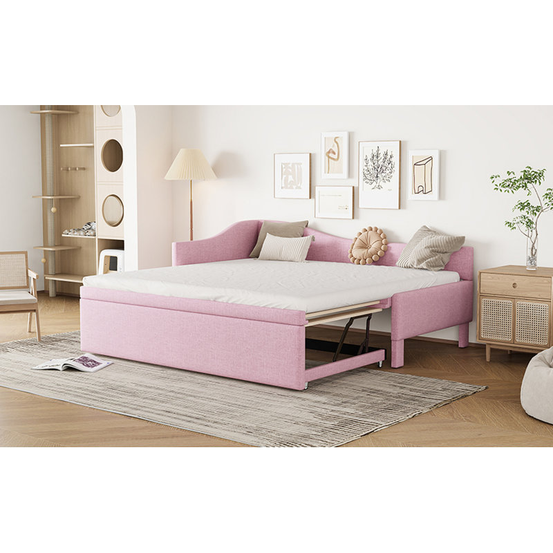 Twin Size Upholstered L-Shaped Upholstered Daybed With Pop Up Trundle, Pink