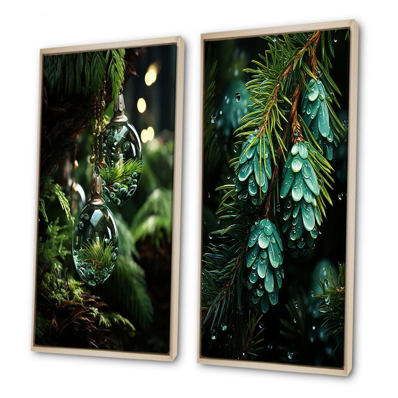 «Green Christmas Decoations Pine Tree I», ensemble d'art mural sur toile de pin, H 40 po x l 41 po, Encadrement brun