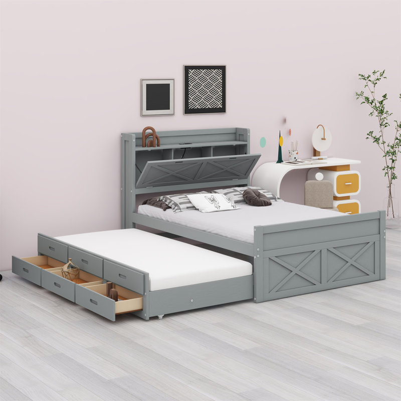 Wooden Bed With Storage Headboard With Outlets, Trundle Bed With Three Storage Drawers, Gray
