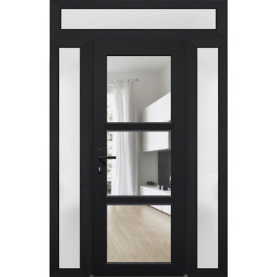 Front Exterior Prehung FiberGlass Door Clear Glass See-through / Manux 8555 Matte Black Clear Glass / 2 Side Exterior Windows / Office Commercial and Residential Doors Entrance Patio Garage-W14+36+14" x H80"-Left-hand Inswing