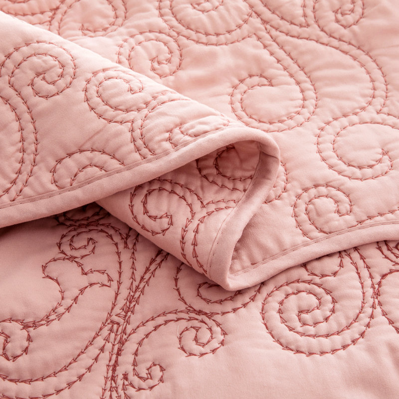 4 Piece Damask Oversized Embroidery Bedspread Set, Queen Quilt + 2 Queen Shams + Throw Pillow, Dusty Pink