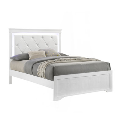 Lit rembourré de style moderne avec tête de lit à DEL et bois blanc