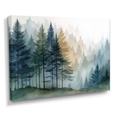 Morning Fog Pine Tree Mountain Trail - Pine Framed Wall Art, Blue Nature Canvas Print