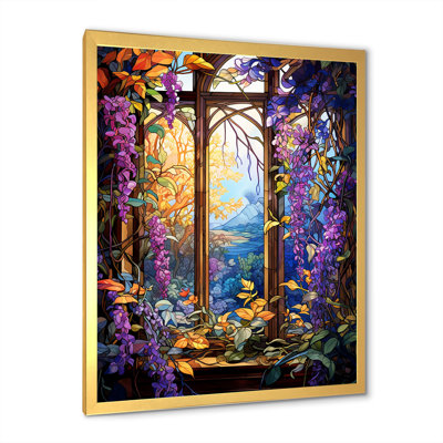 Fleurs mauves et jaunes avec fenêtre, art floral
