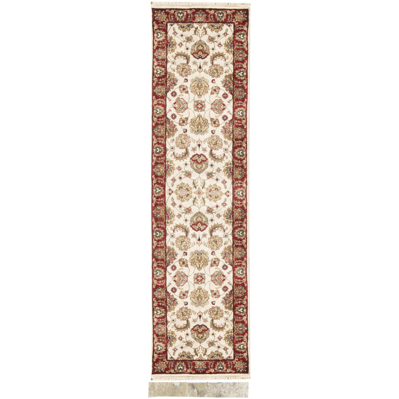 Hand-Knotted High-Quality Ivory and Red Runner