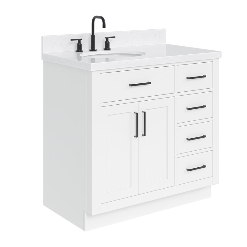Meuble-lavabo simple en bois massif 36 po Tidworth avec plateau en quartz Carrara de 1,5 po, Gauche, Ovale, Blanc