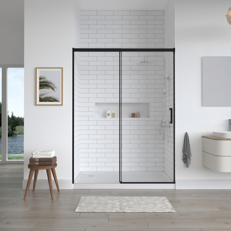 56-60" W x 74" H Semi-Frameless Single Sliding Shower Door with 1/4" (6mm) Clear SGCC Tempered Glass