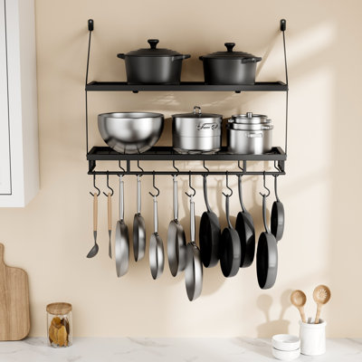 Wall Mounted Pot Rack Kitchen 30 Inch 2-Tier Wall Shelf with 12 Hooks