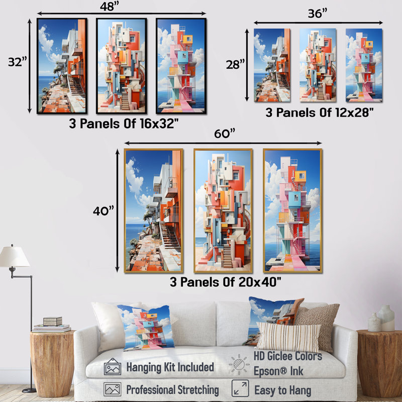 Phare de Stijl Lansdcape - ensemble d'art mural sur toile océan 3 pièces, H 28 po x l 36 po, Cadre flottant noir