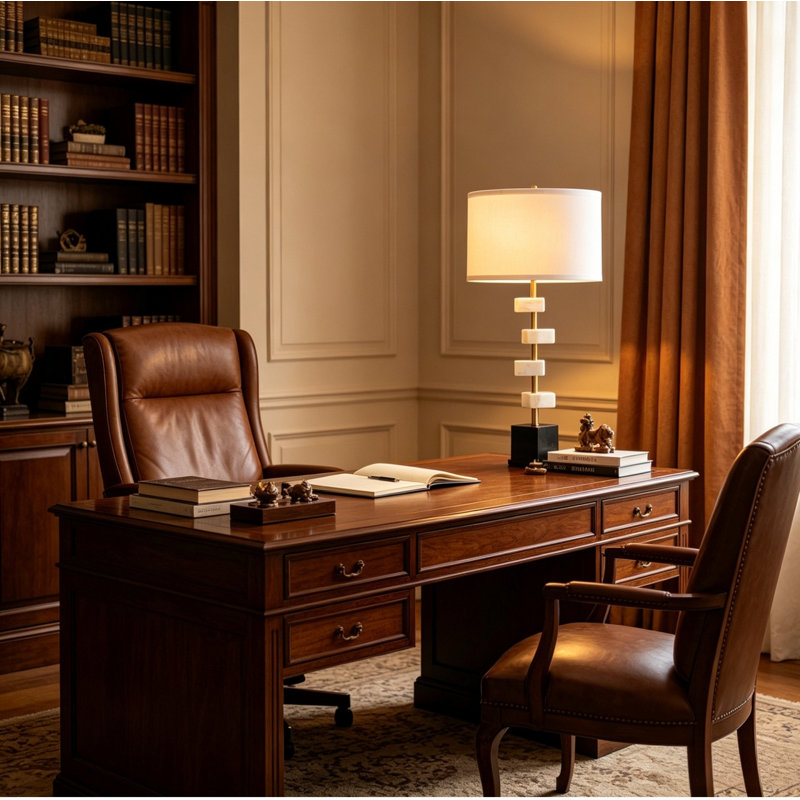 Transitional Marble Table Lamp with Drum Fabric Shade, Decorative Lighting for Living Space