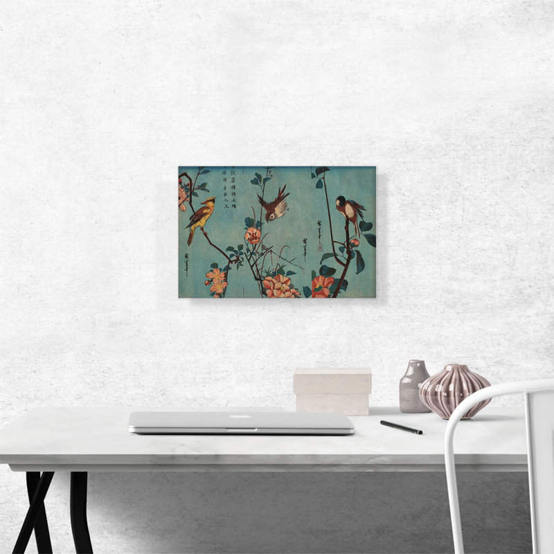 " Sparrow And Wild Roses And Cherry Blossoms 1833 " by Utagawa Hiroshige Painting Print, 12" H x 18" W x 0.75" D
