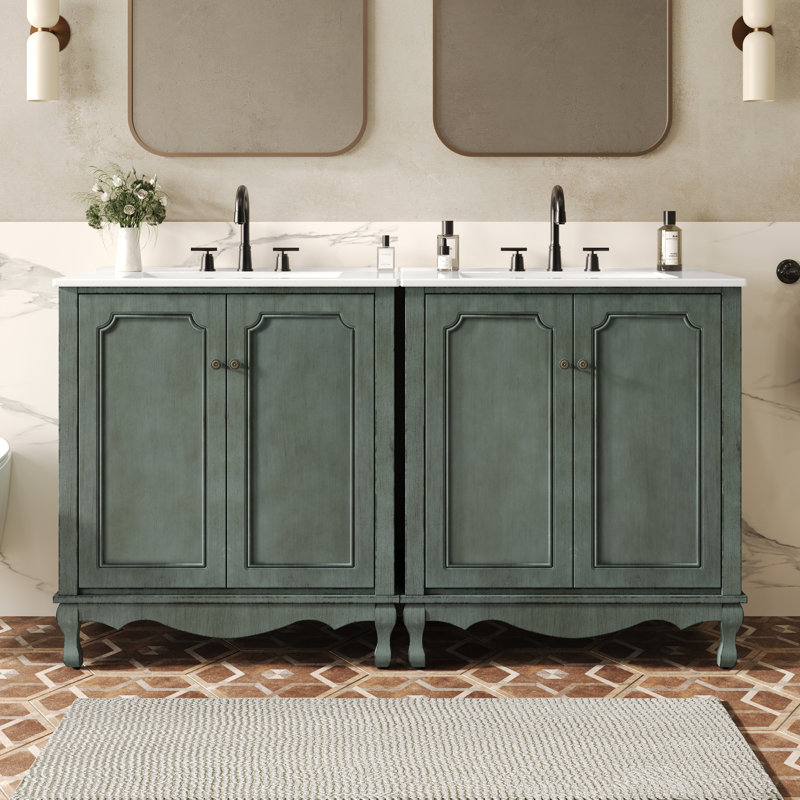 Ensemble de meuble-lavabo double, Bleu-vert antique / bleu sarcelle