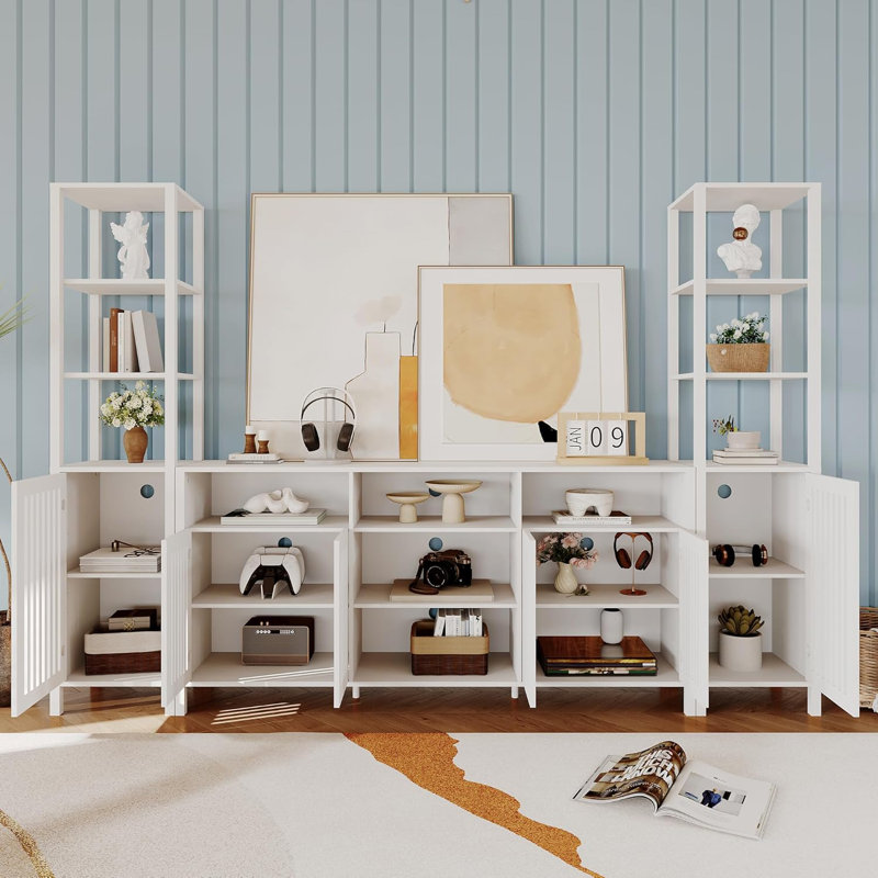 Farmhouse Entertainment Center with Bookshelves & Adjustable Storage Cabinet – TV Stand Console for TVs up to 70 Inches – Modern White Media Cabinet for Living Room/Bedroom/Home Theater – White