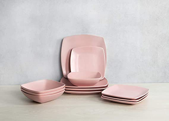Creative Tops Raven Dinner Set, Square, Ceramic, Service for 4, Pink