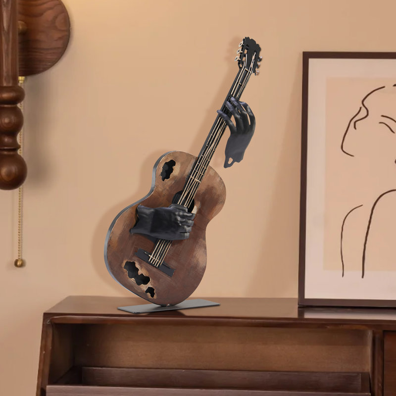 23"H Handmade Metal Guitar Sculpture, Hand-Painted Music Statue Decor For Home & Office, Brown