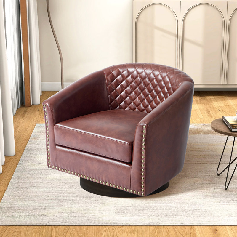 75.2Cm Wide Tufted Swivel Barrel Chair, Red Brown