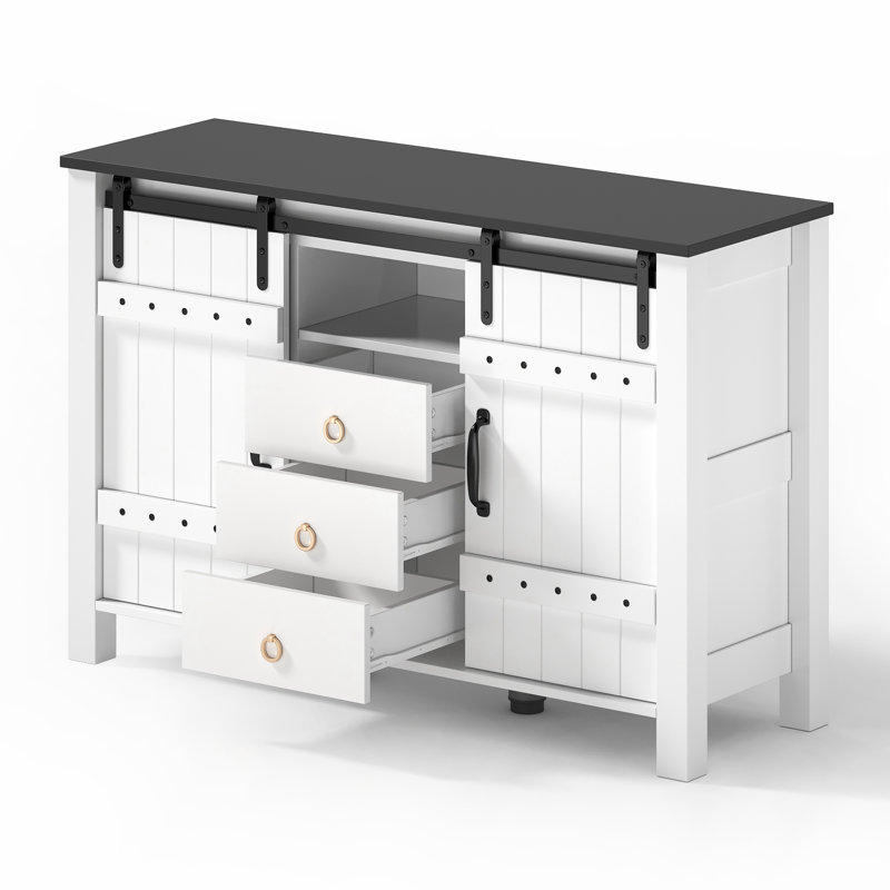 Farmhouse Sideboard With Sliding Doors & 3 Drawers - 120 Cm, Mdf, Antique Style, Anti-tip