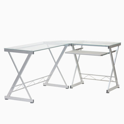 Techni Mobili L-Shaped Tempered Glass Top Computer Desk With Pull Out Keyboard Panel, Clear