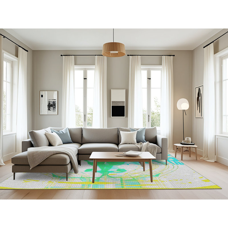 Tapis vert/jaune tissé à la machine, Rectangle 8 pi x 10 pi