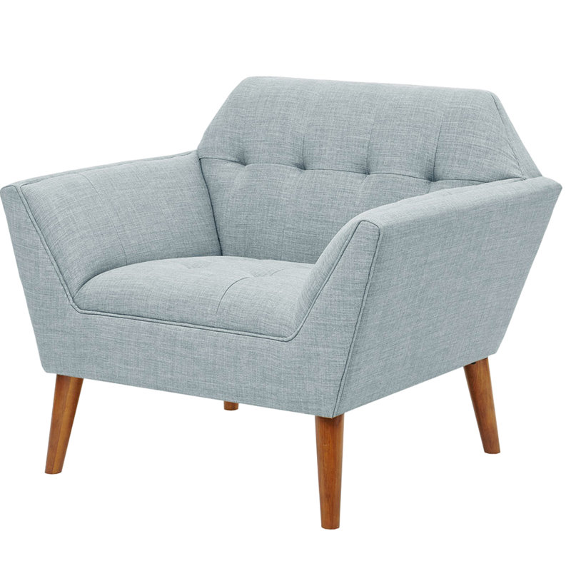 Fauteuil moderne avec pieds à finition pacane, siège à boutons, revêtement bleu avec dossier en bois massif, l 37 po x P 29,5 po