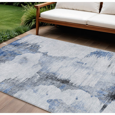9' X 12' Navy Blue And Ivory Abstract Washable Indoor Outdoor Area Rug
