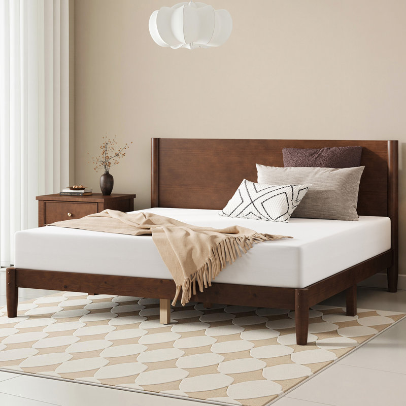 Structure de lit plateforme Mid Century en bois massif avec support en lattes de bois, noyer noir, Grand lit, Noir noyer
