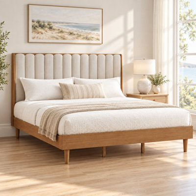 Structure de lit très grand en bois avec tête de lit rembourrée et support renforcé