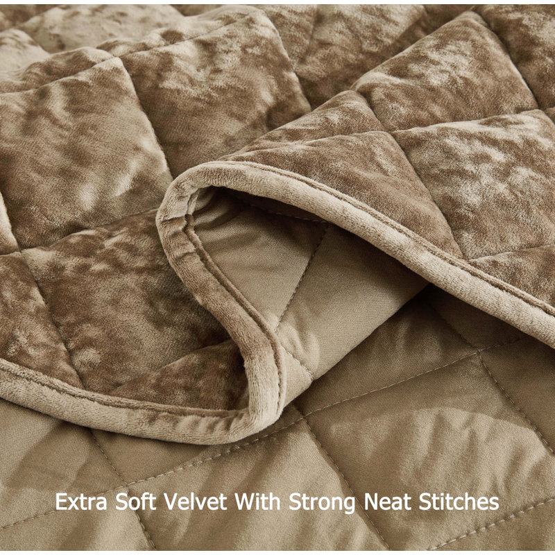 Lux Tan Velvet Queen Quilt Set with Diamond Stitching