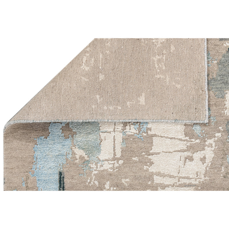 Hand Knotted Abstract Area Rug in Beige/Black/Blue, Rectangle 8' x 10'